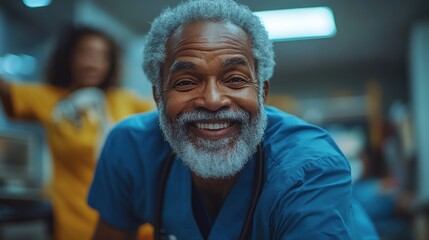 Occupational therapist assisting elderly man with rehabilitation exercises in healthcare facility.