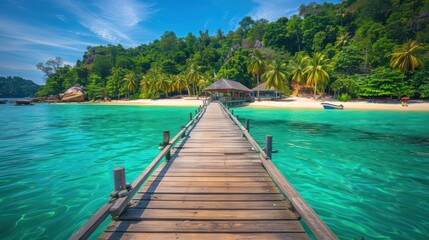 Wooden Pier Leading to a Tropical Island Paradise