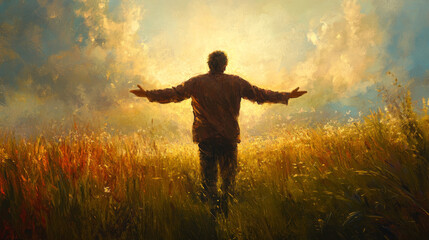 A man is standing in a field with his arms outstretched, looking up at the sky. The painting has a serene and peaceful mood, with the man's pose and the bright colors of the sky