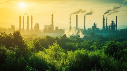 Obraz premium Industrial smokestacks emitting pollution into the atmosphere, with green trees in the foreground.