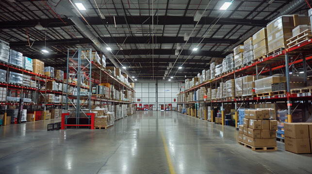 a smart warehouse with integrated technology, including automated storage systems, digital inventory tracking, and IoT devices