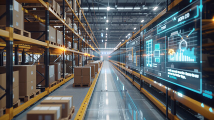 a smart warehouse with integrated technology, including automated storage systems, digital inventory tracking, and IoT devices