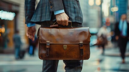 City Confident: A middle-aged businessman in a suit stands on a bustling city street, holding a briefcase and checking his wristwatch, poised for his next meeting.
