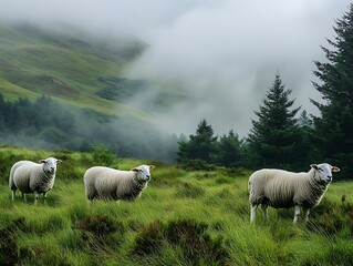 Three Sheep Grazing in a Misty Meadow - Realistic Photo