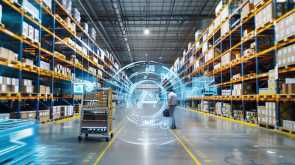 a smart warehouse with integrated technology, including automated storage systems, digital inventory tracking, and IoT devices