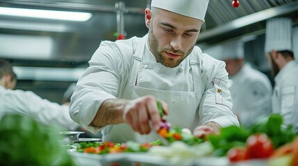 Culinary Scene: The chef, in a pristine white uniform and chef's hat, chops vegetables expertly in a busy restaurant kitchen, surrounded by the lively atmosphere of culinary activity.
