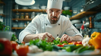Culinary Expert: In a hectic restaurant kitchen, the chef in a white uniform and hat expertly chops vegetables, focused and precise amid the kitchen's energy.
