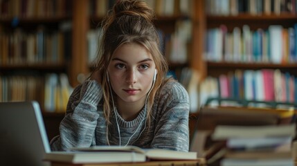 Studious Environment: The college student, earbuds in and textbooks scattered, studies in the library with a laptop open, deeply focused on taking detailed notes.
