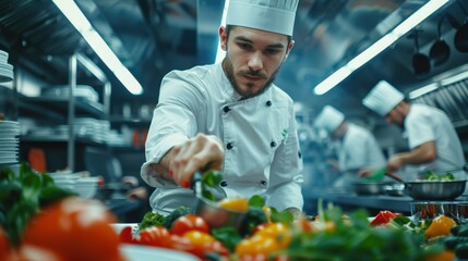 Kitchen Mastery: The professional chef, clad in a white uniform and hat, skillfully chops vegetables amid the bustling activity of the busy restaurant kitchen.
