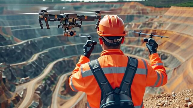 Construction site inspection by a team of specialists at an industrial open pit mine and sand quarry. Pilot engineer's assessment of the drone industry