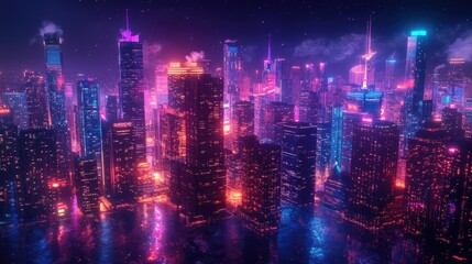Fototapeta premium Urban Nightscape Featuring Vibrant Neon Lighting