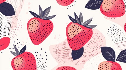 A vibrant pattern featuring stylized strawberries with leaves on a light background.