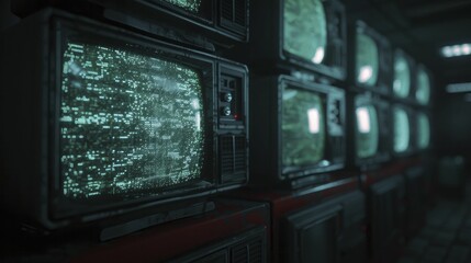 Glitchy television screens add a modern twist to the retro aesthetic.