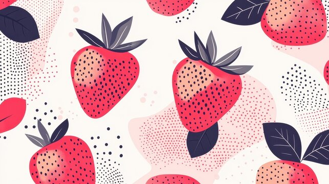 A vibrant pattern featuring stylized strawberries with leaves on a light background.
