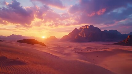 Naklejka premium Desert Sunset Landscape with Mountain Range and Sand Dunes - Photo
