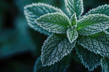 Close up high quality photo of frost covered nettle mint leaves