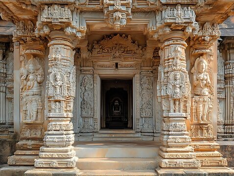 Ornate Carved Stone Pillars and Entrance to a Hindu Temple in India - Realistic Image