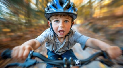Naklejka premium Thrilled Cyclist: A young boy, helmeted and exuberant, speeds down a hill on his bicycle, gripping the handlebars tightly as his face lights up with pure joy. 