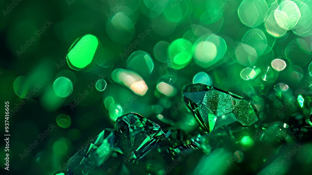 Aufkleber shimmering green crystals with bokeh light effect. abstract background and texture.