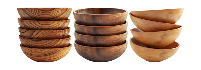 Wooden bowls set isolated on transparent background, various wooden bowls collection for kitchen and dining