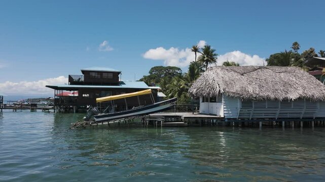 Stilt houses and boats on Bastimentos Island, Bocas del Toro, Panama