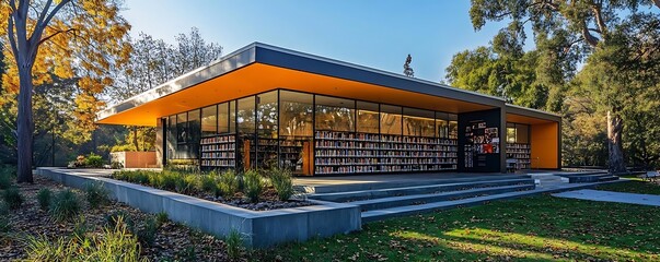 Modern Library Building with Large Windows and Bookshelves - Architectural Photography