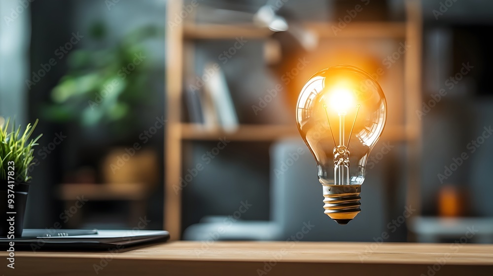 Poster glowing light bulb symbolizing a fresh innovative idea above a neatly organized workspace offering a