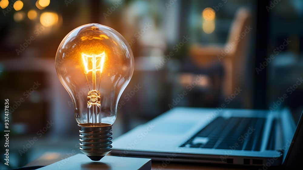 Poster a photograph of a single bright light bulb glowing overhead above a simple minimalist workspace symb