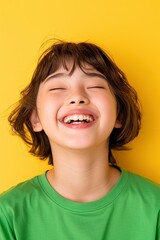 A Happy, Smiling Young Asian Teenage Girl, Cheerful, Isolated Against A Yellow Background