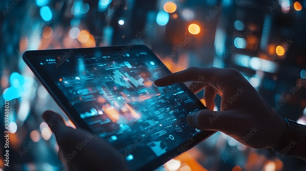 Poster closeup of hands holding a tablet device displaying a futuristic digital interface with a blurred ba