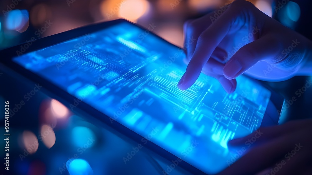 Poster hands holding a futuristic digital tablet interface with blurred background for copy space depicting