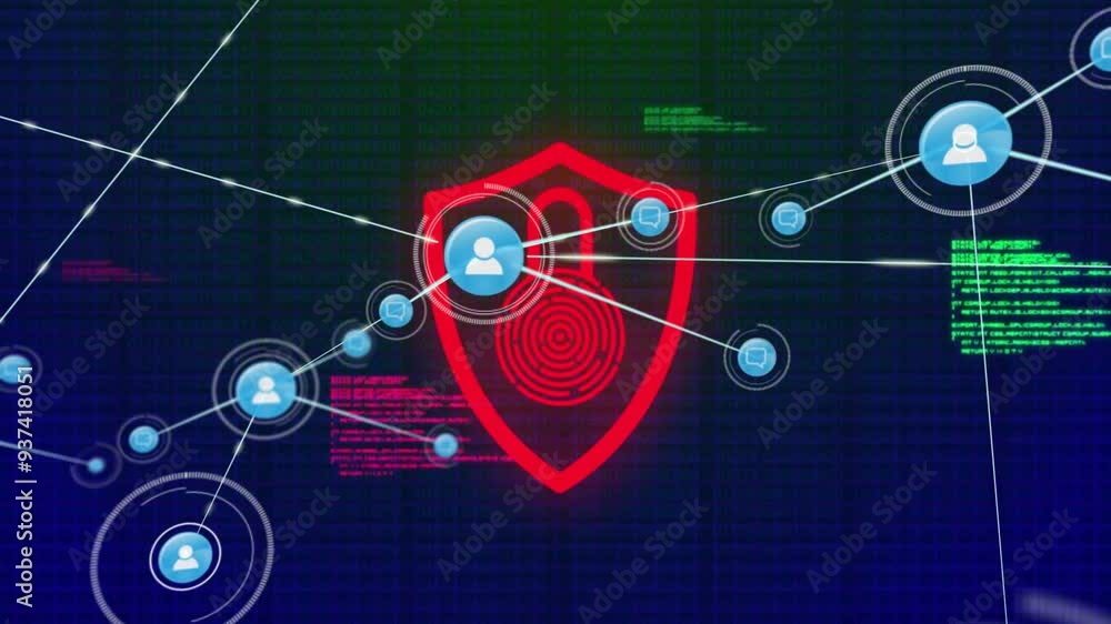 Poster cybersecurity shield with network connections, processing data in animated visual