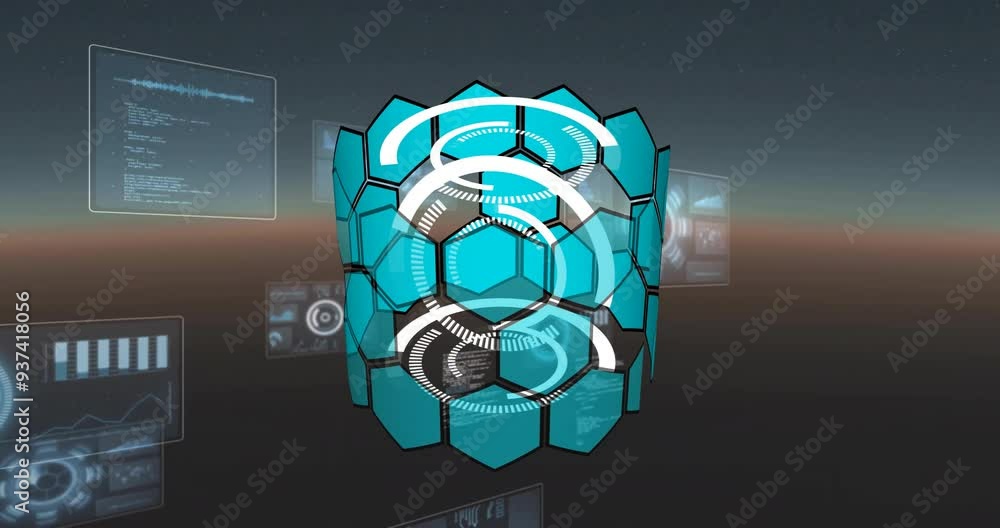 Poster rotating hexagonal shapes and processing futuristic data animation on digital screens