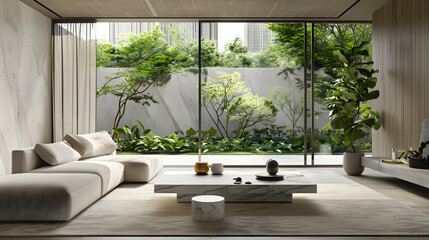 Living room with towering windows overlooking a green cityscape