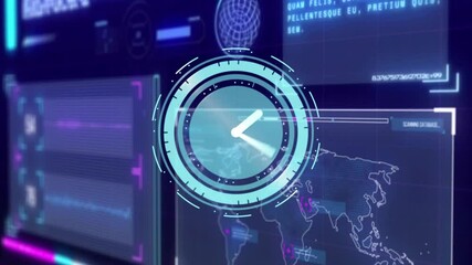 Digital clock animation over futuristic data processing screens and world map - Powered by Adobe