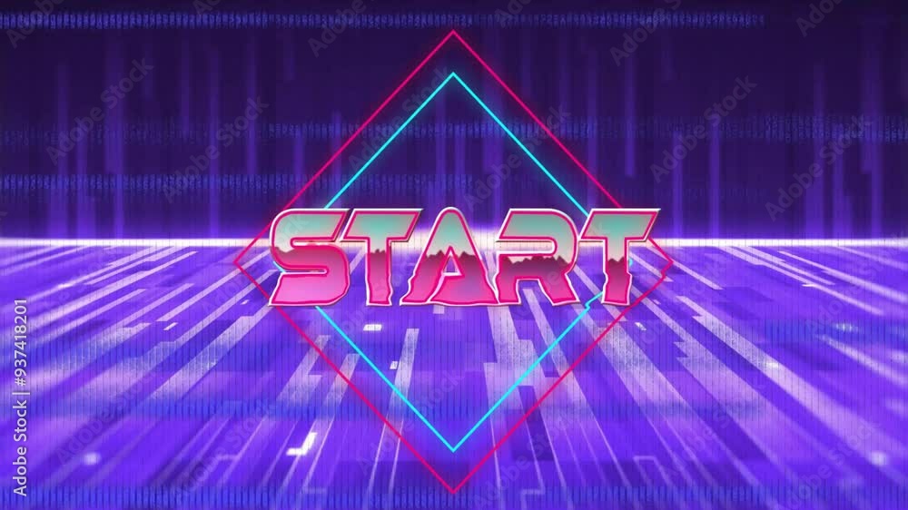 Poster start text animation over neon geometric shapes and digital background