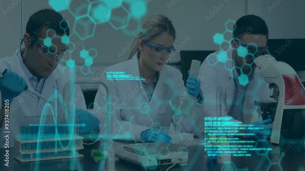 Poster conducting experiments, scientists in lab coats with molecular structure animation overhead