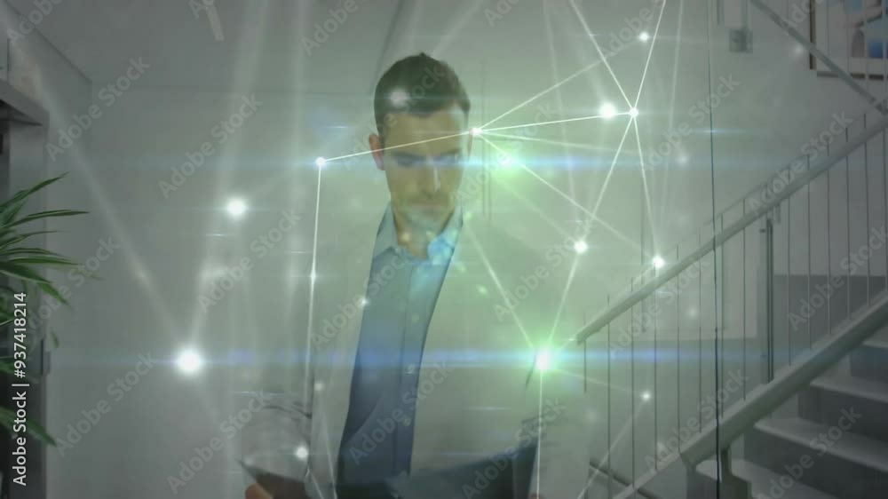 Poster network of connections and data processing animation over businessman in office