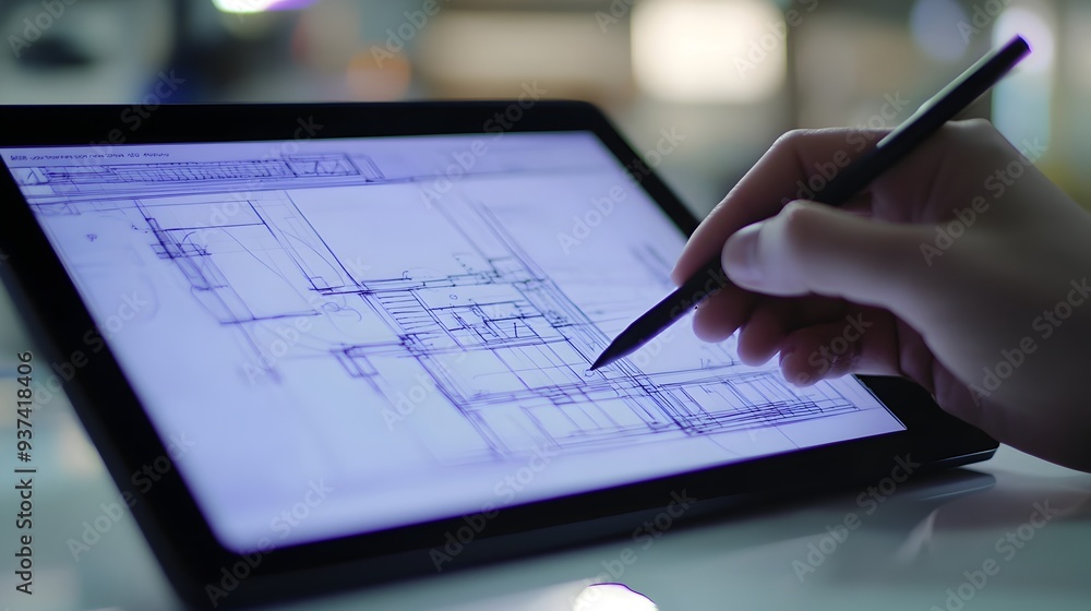 Poster creative professional sketching a digital blueprint on a tablet highlighting the process of design p