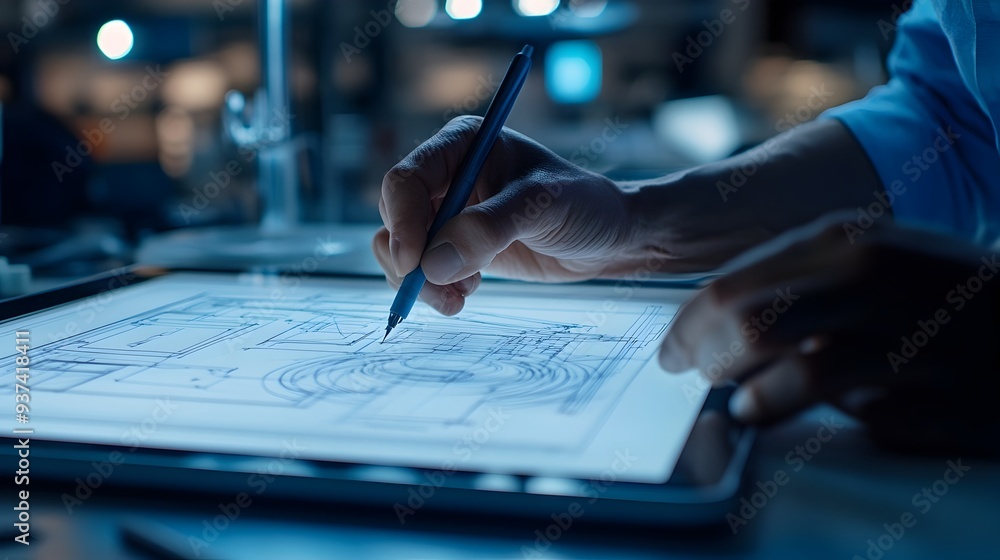 Poster digital blueprint sketching in innovative workspace creative professional designing futuristic plan 