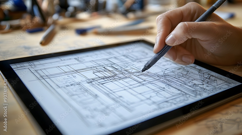 Poster closeup view of a person sketching a blueprint or technical drawing on a digital tablet with space o