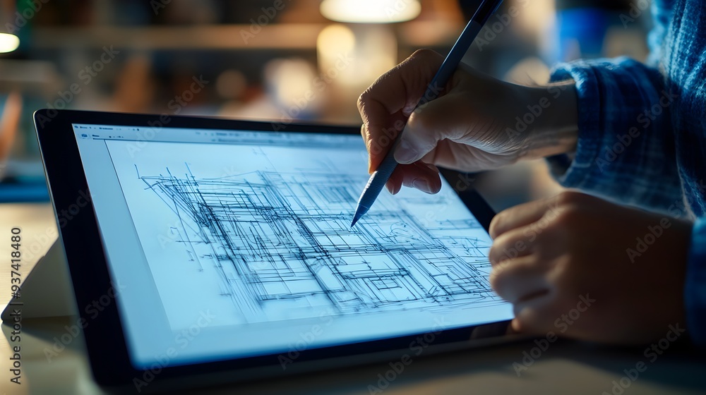 Poster a creative professional sketching a blueprint or technical diagram on a digital tablet with blank sp