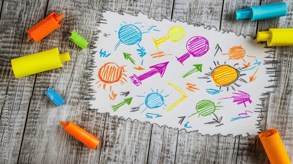 Poster vibrant mind map drawn on a large paper surface showcasing a visually striking arrangement of colorf