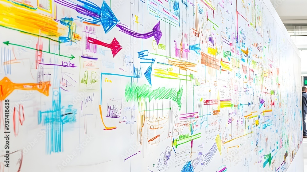 Poster vibrant mind map drawn on large paper with colorful arrows and ideas leaving ample room for textual 
