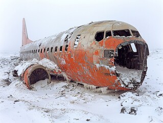 A passenger jet crash in the Arctic, with the fuselage cracked open and lying on its side, ice and snow packed into the interior of the plane.