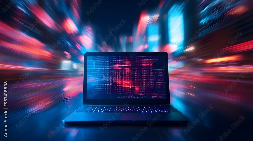 Poster laptop displaying a digital prototype with a blurred background for copy space symbolizing the proce