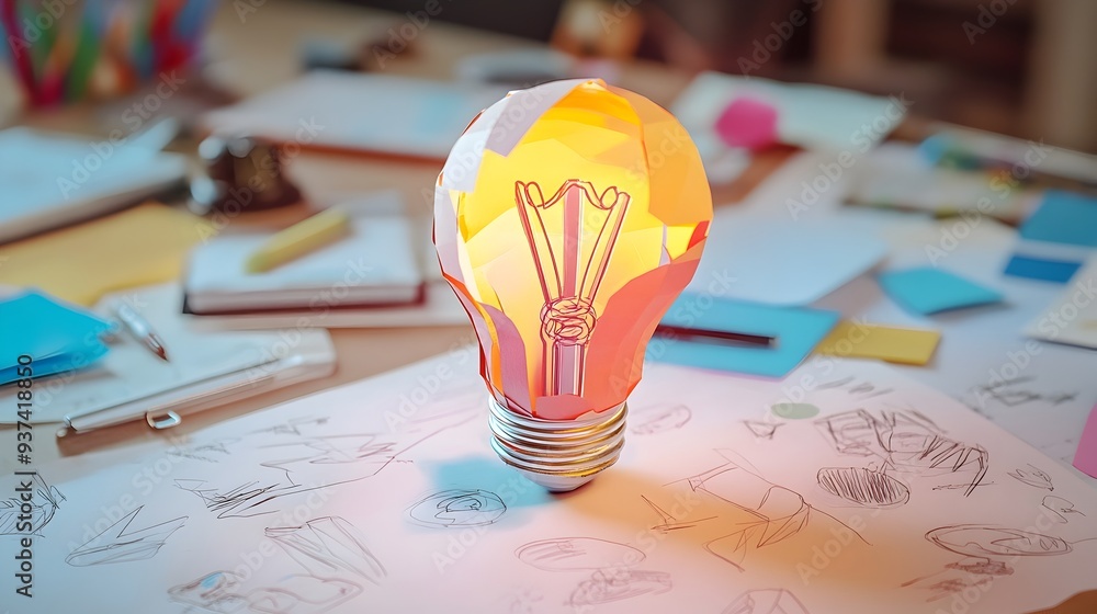 Poster creative concept with a paper light bulb cutout placed on a desk filled with sketches representing a