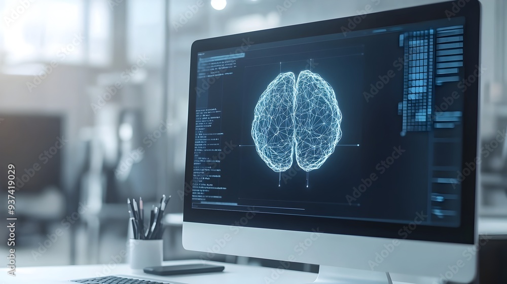 Poster photograph of a digital brain model displayed on a computer screen representing intelligence innovat
