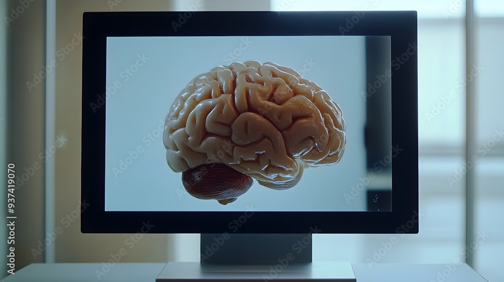 Poster digital brain model on computer screen symbolizing and innovative thinking with space for text conce