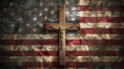 Faith and patriotism  an american flag featuring a central cross symbolizing unity and respect